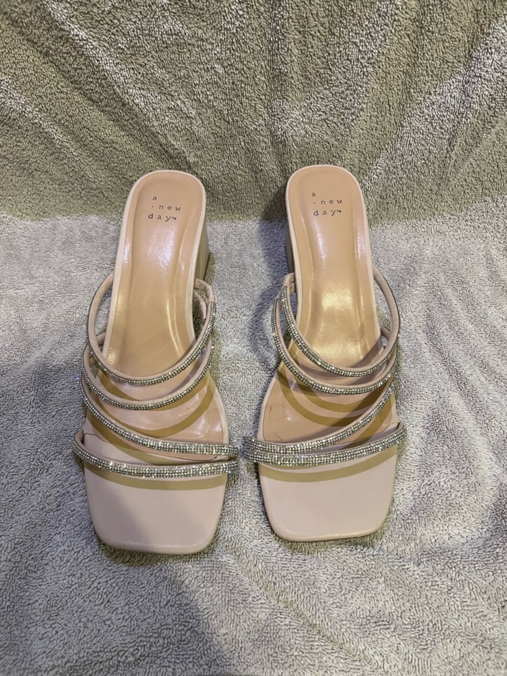 a new day Nude Strappy Rhinestone Square-Toe Heeled Sandals